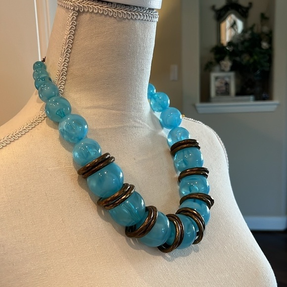 Large Bubble Necklace with Copper Circles! Big Bold Clear Blue Ball 20” Necklace - Picture 12 of 13